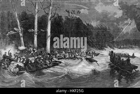 Dieses historische Kunstwerk zeigt die Schlacht von Island Nummer 10, eine bedeutende Auseinandersetzung während des Amerikanischen Bürgerkriegs. Die Schlacht fand 1862 am Mississippi statt und markierte einen Wendepunkt in der Strategie der Union. Stockfoto