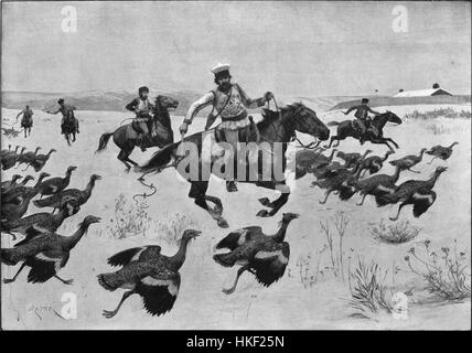 Dieses Kunstwerk zeigt die gefrorenen geflügelten Trappen, eine Vogelart, die von rumänischen Bauern gehandhabt wird. Es erfasst die harten Bedingungen, denen sowohl die Vögel als auch die Bauern während der kalten Winter ausgesetzt sind, und betont die Beziehung zwischen menschlichem Überleben und Wildtieren in schwierigen Klimazonen. Das Gemälde ist ein Beispiel für historische Kunst, die das ländliche Leben und die Kämpfe der Natur in Osteuropa darstellt. Stockfoto