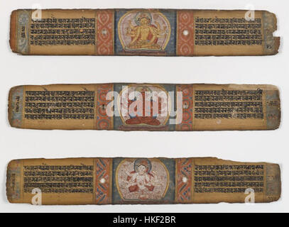 Dieses Kunstwerk zeigt drei illustrierte Palmblätter aus der Prajnaparamita, einer wichtigen buddhistischen Schrift. Die zarten Illustrationen zeigen Szenen buddhistischer Lehren und betonen die Weisheit und das Mitgefühl des Buddha. Stockfoto