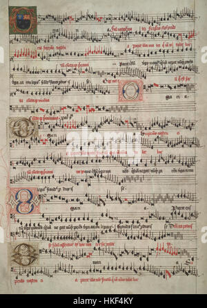 Das Eton Choirbook ist ein bedeutendes Manuskript aus dem späten 15. Jahrhundert, das einige der besten Beispiele englischer Chormusik enthält. Es wurde für den Chor am Eton College geschaffen und bietet einen seltenen Einblick in mittelalterliche Chorpraktiken und geistliche Komposition. Stockfoto