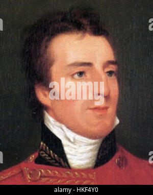 Dieses Porträt zeigt Feldmarschall Arthur Wellesley, den 1. Duke of Wellington, einen britischen Militärführer, der Napoleon in der Schlacht von Waterloo 1815 besiegte. Wellesley ist bekannt für seine strategische Brillanz und gilt als einer der größten Militärkommandeure der Geschichte. Stockfoto