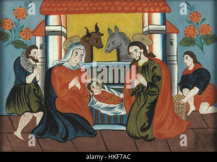 Das Hinterglasbild Geburt Christi ist ein Glasgemälde aus dem 19. Jahrhundert, das die Krippe darstellt. Diese Art von Kunstwerken war in Mitteleuropa beliebt und enthielt oft religiöse Themen, die auf Glas dargestellt wurden, wobei lebendige Farben und komplizierte Details verwendet wurden, um biblische Geschichten zu vermitteln. Stockfoto
