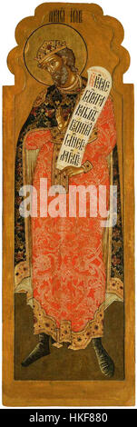 *Johannes in Korovniki*, gemalt im 17. Jahrhundert, zeigt eine patriarchale Szene aus der russisch-orthodoxen Kirche. Dieses Werk, das möglicherweise um 1654 entstanden ist, repräsentiert wichtige religiöse Figuren und theologische Konzepte, die Teil der russischen ikonographischen Tradition sind. Stockfoto