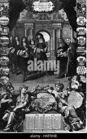 Dieses Kunstwerk zeigt König Ludwig XIV. Von Frankreich, bekannt für seine lange Herrschaft und seinen Einfluss auf die europäische Politik, Kultur und Architektur. Das Gemälde unterstreicht seine Größe und Autorität und spiegelt sein Bild als Sonnenkönig in der französischen Geschichte wider. Stockfoto