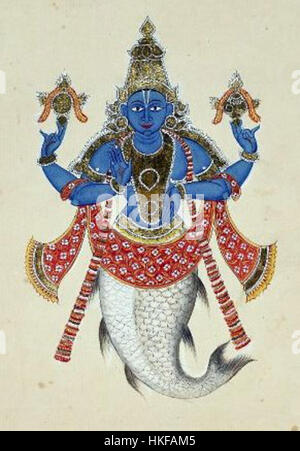 Matsya ist der erste Avatar des hinduistischen Gottes Vishnu, dargestellt in verschiedenen Kunstformen. Dieses Gemälde stellt Matsya als Fisch dar, ein wichtiges Symbol in der hinduistischen Mythologie. Das Kunstwerk fängt die spirituelle und göttliche Bedeutung dieses Avatars ein und repräsentiert die Rettung heiliger Texte vor einer großen Flut. Stockfoto