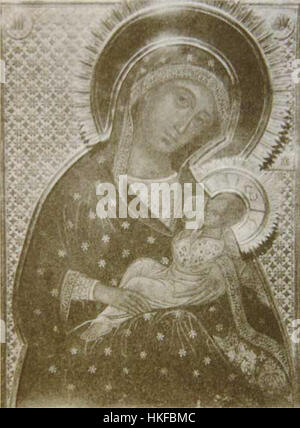 Ein Ikonengemälde der Muttergottes Barlowskaja, ein verehrtes Bild der Jungfrau Maria in russisch-orthodoxer Tradition. Das Kunstwerk zeigt Maria mit Christuskind, die oft in spiritueller Hingabe und im Gebet verwendet wird. Die lebendigen Farben und zarten Details sind typisch für russische religiöse Kunst und spiegeln tiefe kulturelle und religiöse Bedeutung wider. Stockfoto