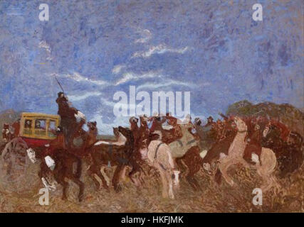 Dieses historische Kunstwerk zeigt die Ereignisse in Barranca Yaco, einem bedeutenden Ort in der argentinischen Geschichte, der für den Hinterhalt und die Ermordung von General Juan Facundo Quiroga im Jahr 1835 bekannt ist. Stockfoto