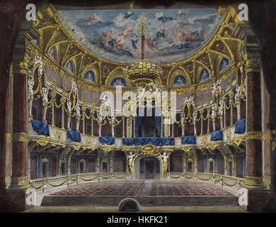 Dieser Entwurf aus dem 19. Jahrhundert stellt einen neobarocken Theaterraum dar, der die kunstvolle Architektur und die theatralischen Elemente der Zeit zeigt. Das Kunstwerk hebt die üppigen Details und die Pracht hervor, die typisch für das neobarocke Interieur sind. Stockfoto
