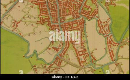 Eine detaillierte Karte von Gent, erstellt von Jacob van Deventer, zeigt das historische Layout der Stadt. Diese Karte stellt ein wichtiges kartographisches Werk aus der Renaissance dar und hebt die wichtigsten architektonischen und geografischen Merkmale Gents während dieser Zeit hervor. Stockfoto