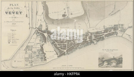 Diese Karte aus dem Jahr 1726 zeigt die Grundrisse von Vevey, einer Stadt am Ufer des Genfer Sees in der Schweiz. Die Karte bietet einen Einblick in die städtebauliche Planung und Geographie des Gebiets im 18. Jahrhundert. Stockfoto