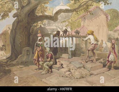 Dieses Gemälde zeigt einen traditionellen Dorfbrunnen, ein Brennpunkt in ländlichen Gemeinden für die Wassergewinnung. Die Szene spiegelt einfaches, pastorales Leben und die Verbindung zwischen Alltag und Natur wider und erfasst eine ländliche Landschaft. Stockfoto