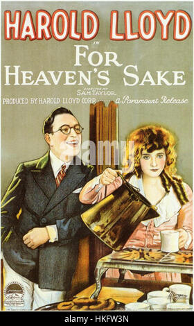 Das Poster „for Heaven’s Sake“ ist ein Vintage-Werbeartikel aus dem Film von 1926 mit komödiantischen Darbietungen und Star Harold Lloyd, der die Anfänge des Hollywood-Kinos mit seiner skurrilen visuellen Anziehungskraft einfängt. Stockfoto