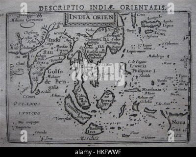 Eine Karte Indiens aus dem BERTIUS-Atlas von 1616, die das geografische Layout Indiens während des frühen 17. Jahrhunderts darstellt. Die Karte ist eine bedeutende historische Darstellung der politischen und geografischen Grenzen des Subkontinents und zeigt die kartographischen Techniken dieser Zeit. Stockfoto