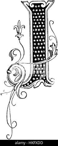 Das Kunstwerk enthält einen reich verzierten Anfangsbuchstaben „J“ aus dem Husvennen-Manuskript. Der dekorative Brief zeigt komplizierte Kalligrafie und künstlerische Verzierungen, die typisch für mittelalterliche beleuchtete Texte sind. Stockfoto