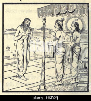 Diese Darstellung von Agni, dem hinduistischen Gott des Feuers, der Krishna und Arjuna in Form eines Brahmans trifft, unterstreicht einen bedeutenden Moment aus der hinduistischen Mythologie. Das Kunstwerk zeigt die Verschmelzung von göttlicher Energie und sterblicher Interaktion, gemeinsame Themen in der indischen religiösen Kunst. Stockfoto