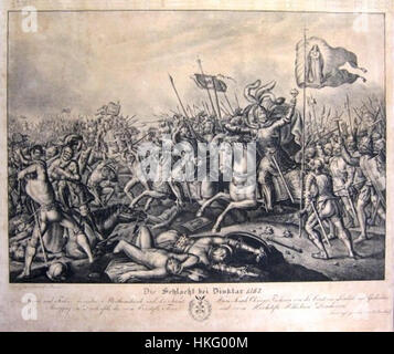 Ein historisches Gemälde, das die Schlacht bei Dinklar, ein bedeutendes Ereignis im Dreißigjährigen Krieg, darstellt. Das Kunstwerk fängt die Intensität der Schlacht und ihre militärische Bedeutung während des Konflikts ein. Stockfoto