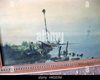 Dieses Gemälde von Koekkoek zeigt eine ruhige Szene mit Fischerbooten und einem großen Segelboot während der Ebbe am Abend. Das ruhige Wasser und die untergehende Sonne schaffen eine friedliche Atmosphäre, die charakteristisch für die niederländische Küstenlandschaft ist. Stockfoto