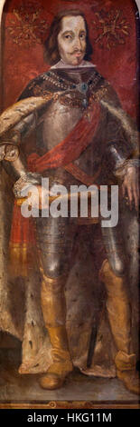 Das von Diego Velázquez gemalte Porträt von König Philipp IV. Von Spanien zeigt den spanischen Monarchen in königlicher Kleidung. Das Gemälde repräsentiert Philipps wichtige Rolle im Spanien des 17. Jahrhunderts und spiegelt die Größe und Macht des spanischen Hofes wider. Stockfoto