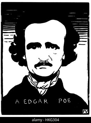 Dieses Kunstwerk aus dem Jahr 1894 zeigt Edgar Allan Poe, den berühmten amerikanischen Schriftsteller, der sein Bild in einem klassischen Porträt festgehalten hat. Das Stück spiegelt Poes düstere und rätselhafte Persönlichkeit wider. Stockfoto