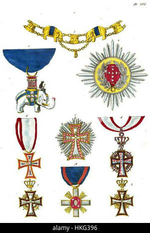 Dieses Kunstwerk aus Aristide Michel Perrots „Collection historique des ordres de chevalerie“ (1820) zeigt zivile und militärische Ritterorden und zeigt die heraldischen und symbolischen Elemente dieser prestigeträchtigen Institutionen. Stockfoto