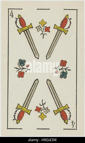 „Jeu d'Aluette Grimaud“ (1860) enthält die Karte „vier der Schwerter“, die Teil eines historischen Tarotdecks ist. Dieses Werk ist ein gutes Beispiel für die Tarotkunst des 19. Jahrhunderts und ihre Rolle in Wahrsagung und Symbolismus. Stockfoto