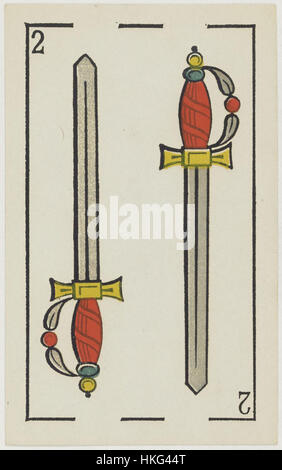 Das „Jeu d'Aluette Grimaud“ aus dem Jahr 1860 mit den beiden Schwertern ist ein Vintage-Kartendesign. Das Ölgemälde betont feine Details und die Tarotkartensymbolik und zeigt eine Mischung aus Kunstfertigkeit und Mystik. Stockfoto