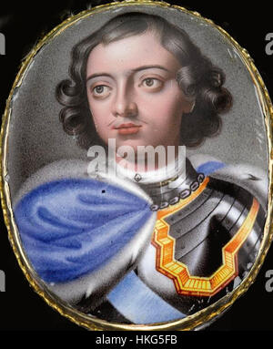 Ein Porträt von Peter I. von Russland, auch bekannt als Peter der große, gemalt im frühen 18. Jahrhundert nach einem Werk von Sir Godfrey Kneller. Das Porträt zeigt Peter I. in königlicher Kleidung und symbolisiert seine bedeutende Rolle in der russischen Geschichte. Stockfoto