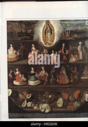 Ein casta-Gemälde von Luis de Mena aus dem 18. Jahrhundert, das die rassische und soziale Hierarchie des kolonialen Mexiko anhand einer Reihe von Darstellungen von Individuen mit gemischter Rasse darstellt, die das komplexe koloniale Kastensystem widerspiegeln. Stockfoto