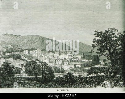 Ein Gemälde von William Francis Ainsworth mit dem Titel „Bethlehem“, das 1870 entstand. Dieses Werk ist eine Darstellung der biblischen Stadt Bethlehem, die die architektonischen und kulturellen Elemente der Zeit erfasst. Stockfoto