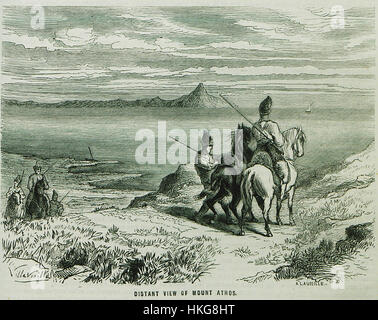 Dieses Gemälde von William Francis Ainsworth aus dem Jahr 1870 fängt einen Fernblick auf den Berg Athos ein und zeigt die dramatische Silhouette des Berges und die umliegende Landschaft. Der Berg Athos in Griechenland ist eine bedeutende religiöse Stätte mit einer langen Geschichte von Klostergemeinden. Stockfoto