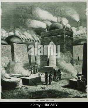 Dieses 1870 entstandene Gemälde von William Francis Ainsworth zeigt den Feuertempel in der Nähe von Baku und veranschaulicht seine Bedeutung in alten religiösen Praktiken. Das Kunstwerk bietet einen Einblick in die reiche Geschichte der Region und ihr kulturelles Erbe. Stockfoto