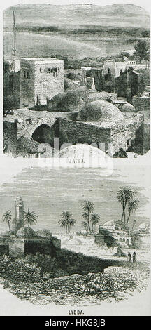 Ein Gemälde von William Francis Ainsworth aus dem Jahr 1870, das die Städte Jaffa und Lydda im historischen Kontext des späten 19. Jahrhunderts darstellt. Das Kunstwerk bietet einen Einblick in die Landschaft und Kultur der Region während dieser Zeit. Stockfoto