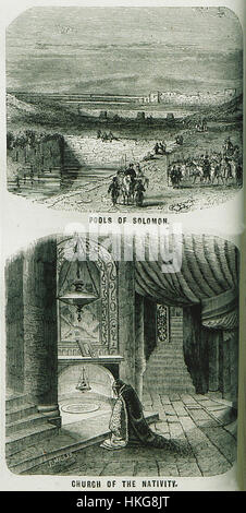 William Francis Ainsworths Ölgemälde „Pools of Salomon“ aus dem Jahr 1870 zeigt eine religiöse und architektonische Szene rund um die Geburtskirche. Die Liebe des Künstlers zum Detail spiegelt sowohl die spirituelle Bedeutung als auch die historische Architektur des Ortes wider. Stockfoto