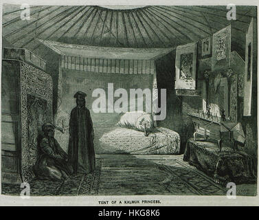 Dieses Gemälde von William Francis Ainsworth mit dem Titel „Zelt einer Kalmuk-Prinzessin“ zeigt den traditionellen Lebensstil der Kalmuk im 19. Jahrhundert. Das 1870 gemalte Werk fängt die Essenz des kulturellen und königlichen Lebens in Zentralasien während dieser Zeit ein und gibt Einblicke in den nomadischen Lebensstil und die königlichen Bräuche der Kalmuk. Stockfoto