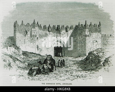 William Francis Ainsworths Gemälde „das Damaskus-Tor, Jerusalem“ aus dem Jahr 1870 zeigt den ikonischen Eingang zur Altstadt von Jerusalem, wobei er sich auf die architektonischen Details und die historische Bedeutung des Wahrzeichens konzentriert. Stockfoto