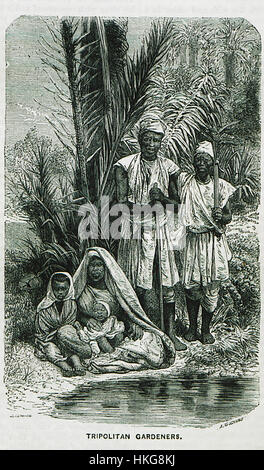 Dieses Gemälde von William Francis Ainsworth aus dem Jahr 1870 zeigt tripolitische Gärtner, die ihre tägliche Arbeit verrichten. Das Kunstwerk zeigt die kulturelle Umgebung von Tripolis und konzentriert sich auf die Arbeits- und Landwirtschaftspraktiken der Region im späten 19. Jahrhundert. Stockfoto