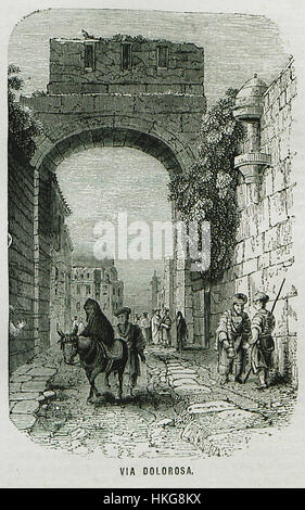 „Via Dolorosa“ von William Francis Ainsworth ist ein Ölgemälde aus dem Jahr 1870, das den Weg darstellt, den Jesus Christus in seinen letzten Momenten zurückgelegt hat. Das Gemälde fängt das spirituelle und emotionale Gewicht dieses bedeutenden christlichen Pilgerwegs ein. Stockfoto