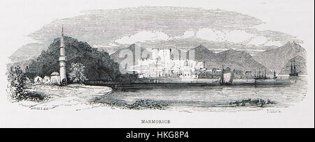 Das Ölgemälde von Allan John H aus dem Jahr 1843 mit dem Titel „Marmorice“ fängt die ruhige Landschaft der Mittelmeerküste ein. Das Werk veranschaulicht die europäische Kunst des 19. Jahrhunderts, mit feinen Details, die die natürliche Schönheit und die Küstenatmosphäre der Region hervorheben. Stockfoto