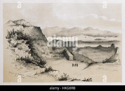 Allan John H's Gemälde „Theatre at Erythroe Straits of SCIO“ aus dem Jahr 1843 fängt eine dramatische Szene an der Straße von SCIO ein. Das Gemälde ist eine historische Darstellung der griechischen Landschaft und spiegelt die künstlerischen Interpretationen der mediterranen Geographie und des Theaters wider. Stockfoto