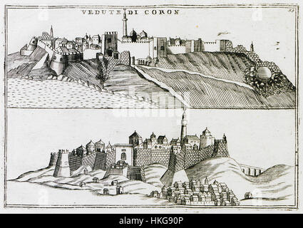 „Vedute di Coron“ von Vincenzo Maria Coronelli ist ein Meisterwerk aus dem Jahr 1708 mit venezianischer Aussicht. Die detaillierten Stiche bieten einen seltenen Einblick in die Architektur und die Stadtansichten des 18. Jahrhunderts. Stockfoto