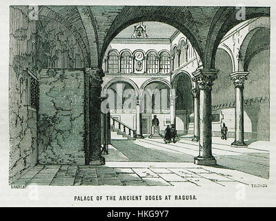 Dieses Gemälde von William Francis Ainsworth aus dem Jahr 1870 fängt den majestätischen Palast der alten Dogen in Ragusa ein. Das Kunstwerk hebt die architektonische Schönheit des Palastes hervor und zeigt komplizierte Details seines Designs und die historische Bedeutung des Gebäudes im kulturellen Erbe von Ragusa. Stockfoto