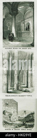Dieses Ölgemälde von William Francis Ainsworth aus dem Jahr 1870 zeigt einen Vorraum in den Gewölben des Goldenen Tores unter Salomons Tempel. Die Szene spiegelt die antiken Ruinen wider und bietet einen Einblick in die historische und architektonische Bedeutung der Tempelbrücke. Stockfoto