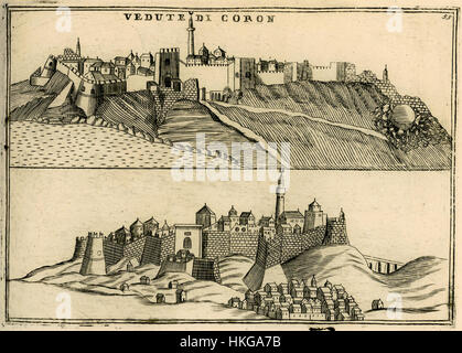 „Vedute di Coron“ von Vincenzo Coronelli ist eine Karte aus dem Jahr 1688, die die Stadt Coron, einen wichtigen Hafen in der Republik Venedig, zeigt. Die Karte zeigt das Stadtbild und die Umgebung und bietet einen detaillierten Einblick in das geografische Wissen und die Stadtplanung der venezianischen Zeit. Stockfoto