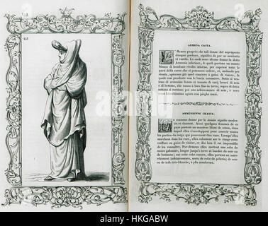„Armena Casta“ von Cesare Vecellio, gemalt 1860, ist ein Porträt einer Adligen in eleganter Kleidung. Das Gemälde spiegelt Vecellios Geschick wider, aristokratische Schönheit und den raffinierten Lebensstil der Zeit einzufangen. Stockfoto