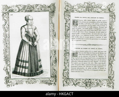 Dieses Kunstwerk von Cesare Vecellio, „Habito da donna del contado di Tirolo“, zeigt die traditionelle Kleidung von Frauen aus der Region Tirol in Italien. Das Werk aus dem Jahr 1860 fängt die komplizierten Details der regionalen Mode und des kulturellen Erbes ein. Stockfoto