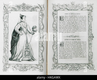 Dieses Gemälde von Cesare Vecellio mit dem Titel „Habito di donna di Vicenza“ zeigt die traditionelle Damenbekleidung von Vicenza, Italien, um 1860. Der Künstler schildert gekonnt die Eleganz und kulturelle Bedeutung der lokalen Mode und bietet einen Einblick in die historische Kleidung der Region. Stockfoto