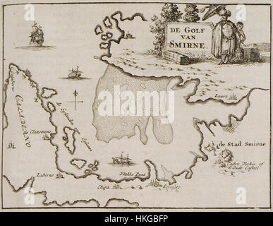 *De Golf van Smirne* von Olfert Dapper, gemalt 1688, zeigt die Bucht von Smyrna (heute Izmir, Türkei). Das Kunstwerk fängt die Küstenlandschaft und die maritimen Aktivitäten des späten 17. Jahrhunderts ein. Stockfoto