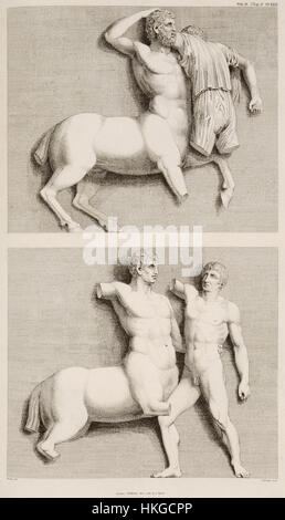 Dieses Kunstwerk zeigt die Metope von der Südseite des Parthenon und veranschaulicht die mythologische Schlacht zwischen Zentauren und Lapithen. Die 1816 von James Stuart und Nicholas Revett geschaffene Anlage erfasst wichtige Details der klassischen griechischen Architektur und mythologischen Themen. Stockfoto
