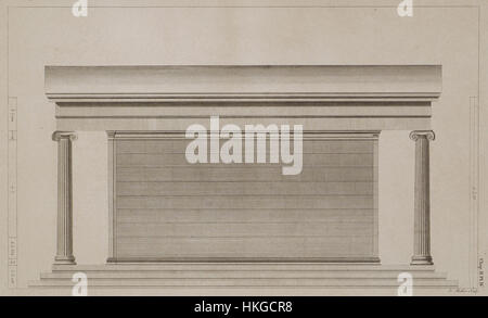 Der Stich von Stuart James und Revett Nicholas aus dem Jahr 1762 zeigt die Südseite des Apollo-Tempels in Bassae, Griechenland. Bekannt für ihre detaillierten archäologischen Illustrationen, haben die Künstler die antike Struktur mit bemerkenswerter Präzision erfasst und zum Verständnis der griechischen Architektur im 18. Jahrhundert beigetragen. Stockfoto