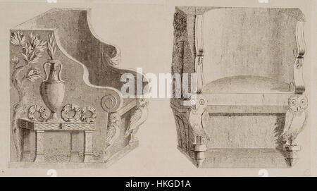 Stuart James und Revett Nicholas dokumentierten die Marmorsitze des Kaisariani-Klosters in Athen im Jahr 1794 und zeigten klassisch griechische architektonische Elemente im Kontext historischer Artefakte. Stockfoto